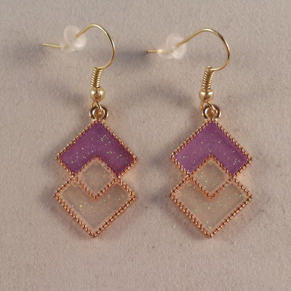 New Gold Geometric Diamond Shape Mystic Purple White Diamond Dangle Earrings - Picture 1 of 2